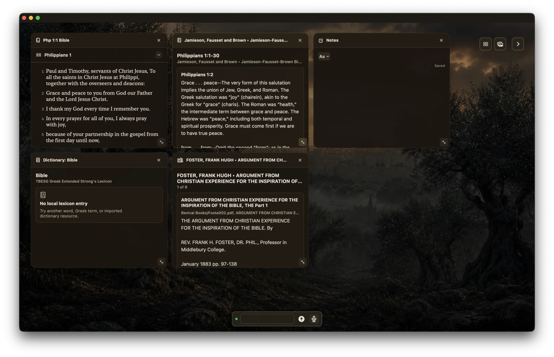 Maranatha canvas workspace with Bible, commentary, notes, dictionary, and reference panes