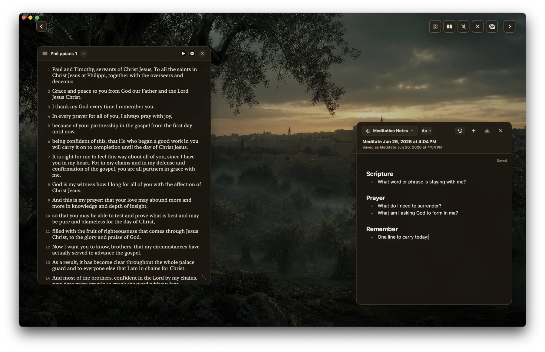 Maranatha meditation workspace with Scripture and meditation notes over a scenic background