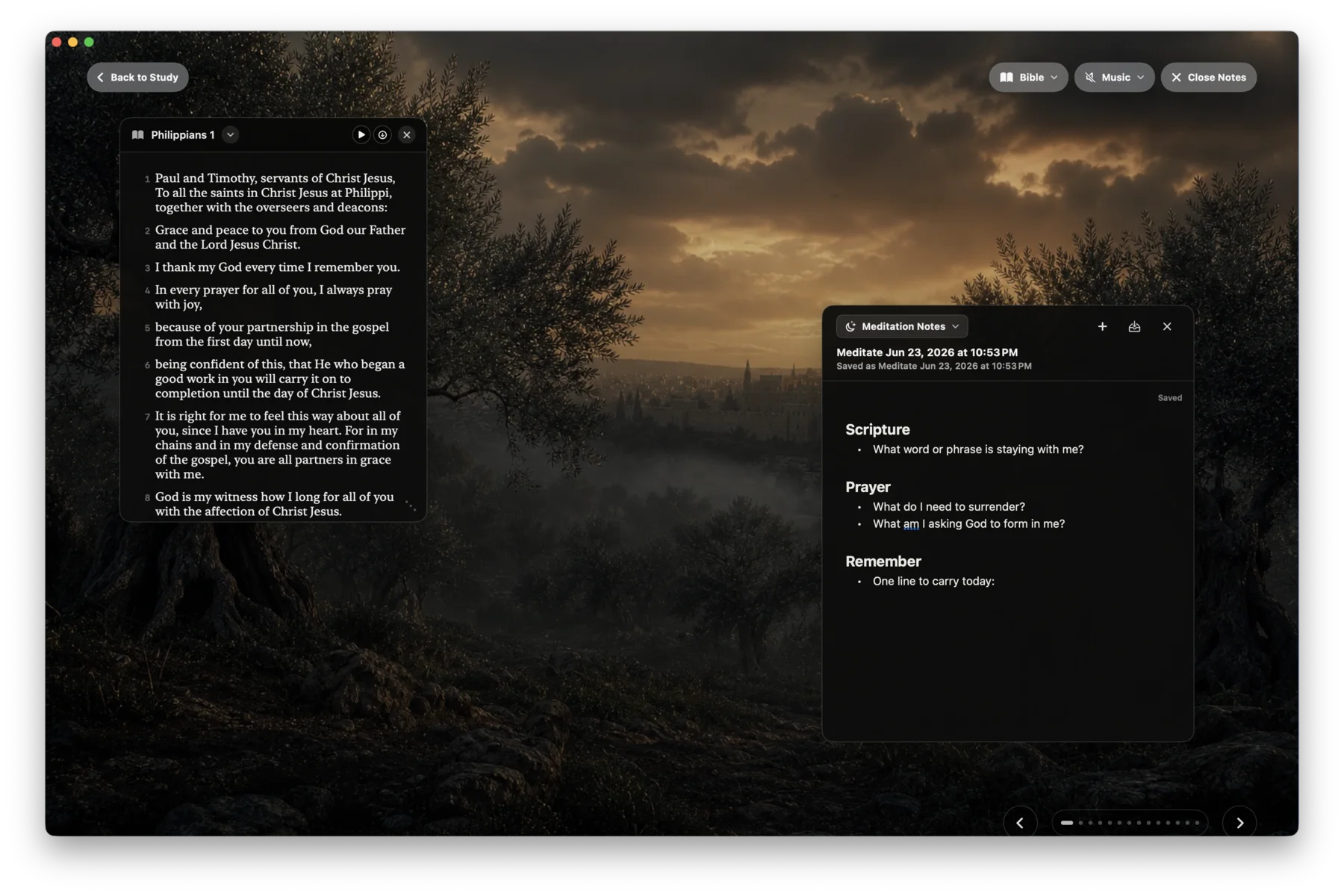 Maranatha meditation view with Scripture and prayer notes over a dark scenic background